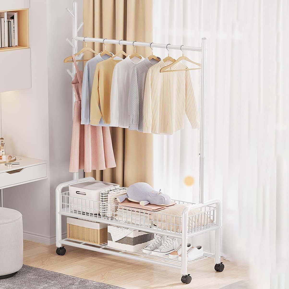 Lukzer | MGR-002 | White | Metal Cloth Stand &amp; Garment Rack with Wheels, 2 Bottom Shelves &amp; Single Rod – Space-Saving Clothes Organizer for Bedroom, Laundry, Entryway &amp; More | 173 x 90 x 34 cm - View 2