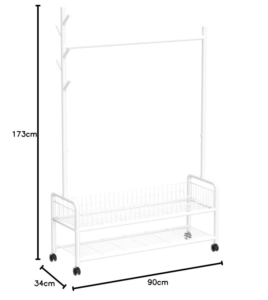 Lukzer | MGR-002 | White | Metal Cloth Stand &amp; Garment Rack with Wheels, 2 Bottom Shelves &amp; Single Rod – Space-Saving Clothes Organizer for Bedroom, Laundry, Entryway &amp; More | 173 x 90 x 34 cm - View 5