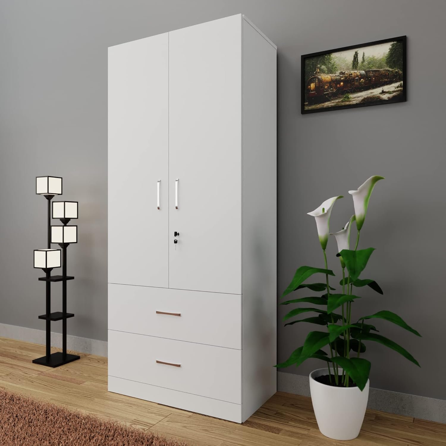 VIKI Wardrobe | Wooden Almirah for Clothes,Door for Bedroom, 2 Door Wardrobe with Drawer &amp; Hanging Space (Frosty White - 40D x 80W x 180H) | 1 Year Warranty | Free Assembly - View 2