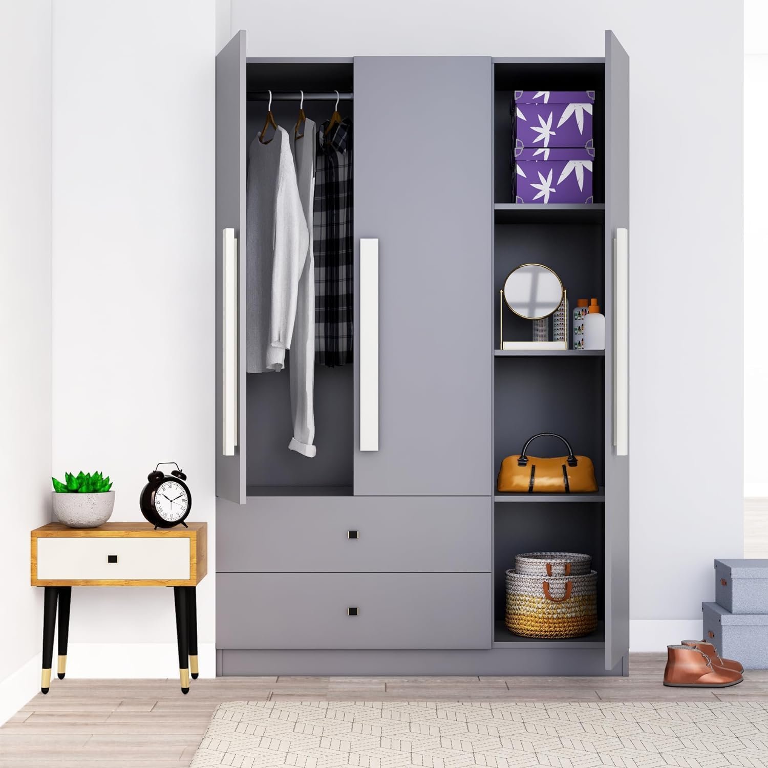 Bniture Wooden Almirah for Clothes, Door for Bedroom, 3 Door Wardrobe with 2 Drawer &amp; Hanging Space (40D x 120W x 180H CM) | 3 Year Warranty (Giant Wood &amp; Slate Grey) - View 3