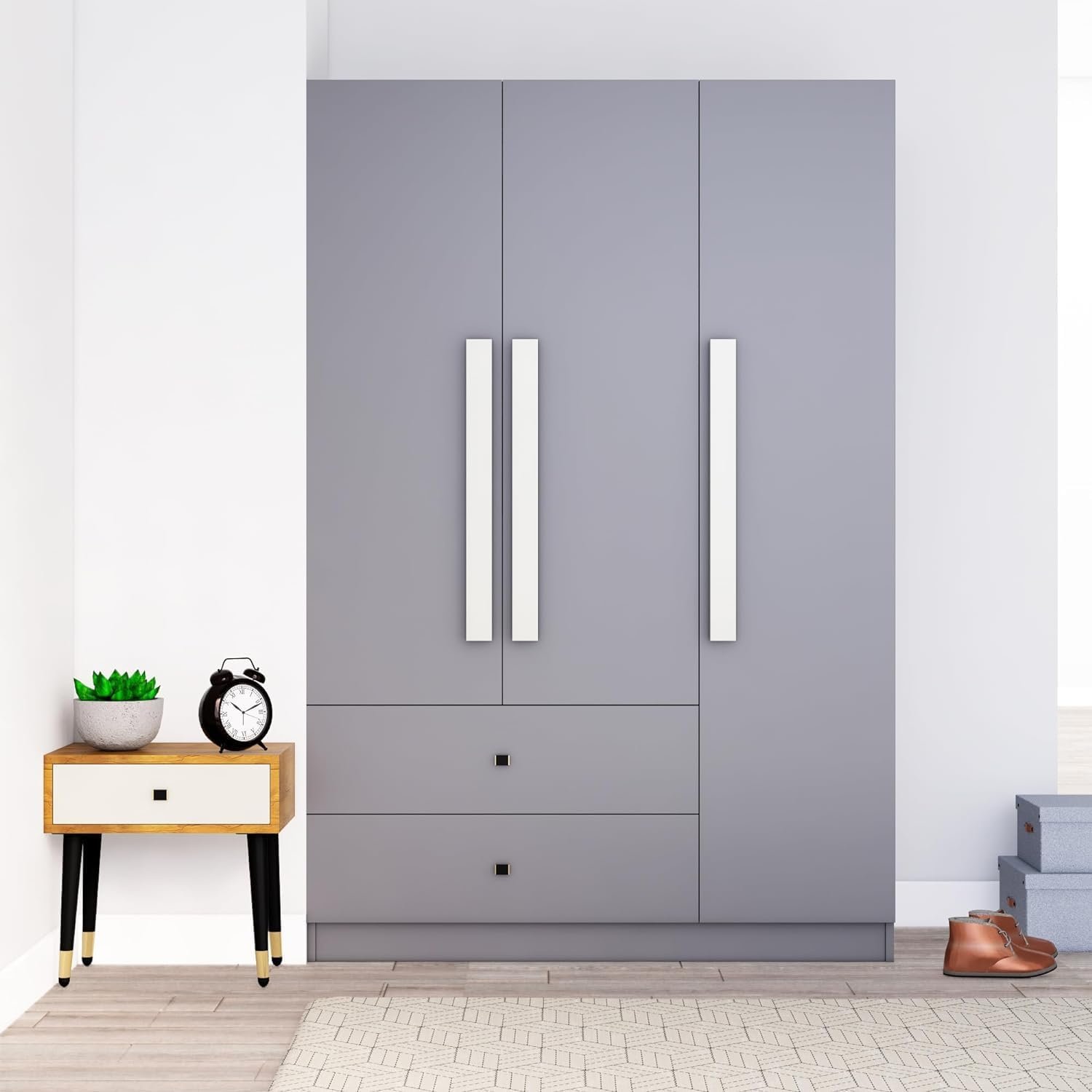 Bniture Wooden Almirah for Clothes, Door for Bedroom, 3 Door Wardrobe with 2 Drawer & Hanging Space (40D x 120W x 180H CM) | 3 Year Warranty (Giant Wood & Slate Grey)