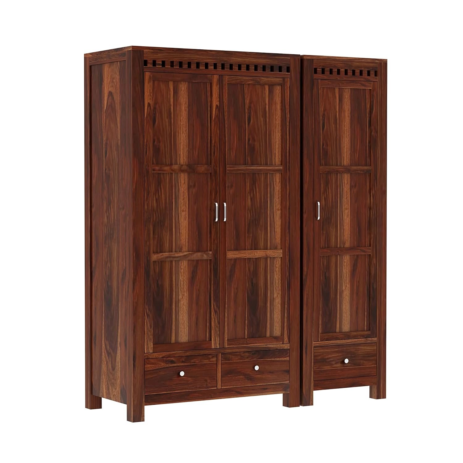 WOODLAB Furniture Sheesham Wood 3 Door Wardrobe Storage with 3 Drawers Wooden Multipurpose Almirah for Home Living Room - Natural Finish - View 3