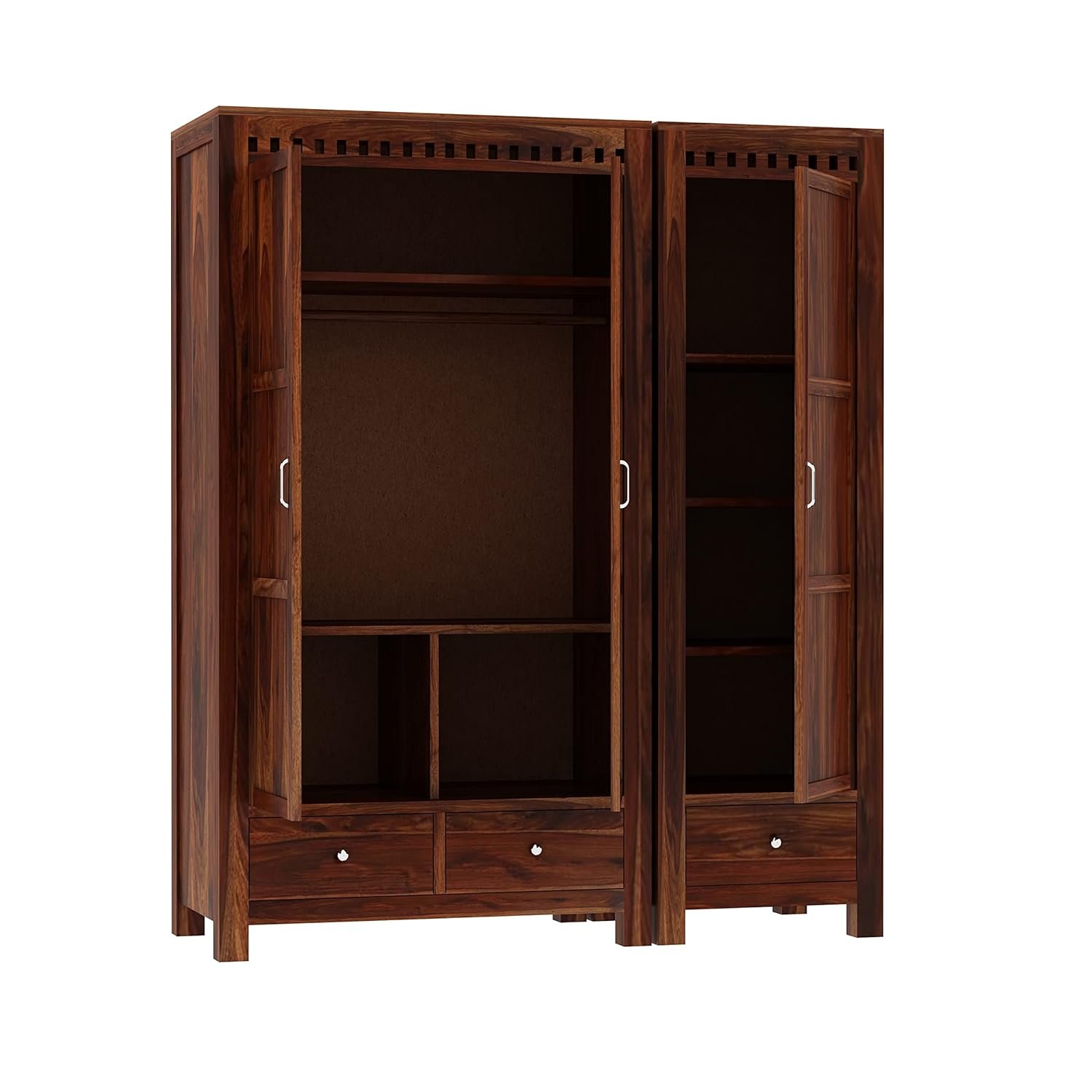 WOODLAB Furniture Sheesham Wood 3 Door Wardrobe Storage with 3 Drawers Wooden Multipurpose Almirah for Home Living Room - Natural Finish - View 5
