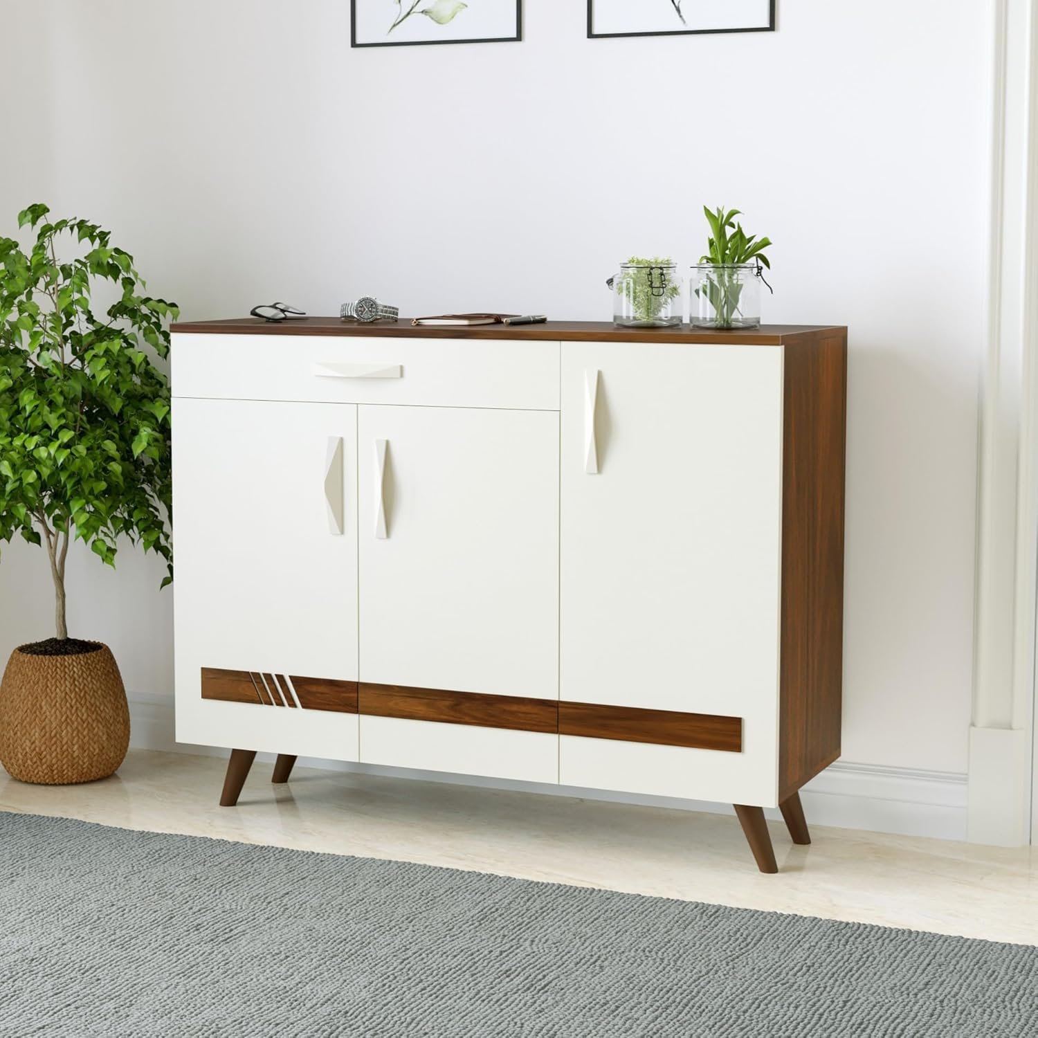 BLUEWUD Kaspen Engineered Wood Wood Dual Tone 3 Doors Shoe Rack Cabinet Slipper Footwear Stand Organizer with Drawer can Store Up to 16 Pairs for Home (Brown Maple & White)