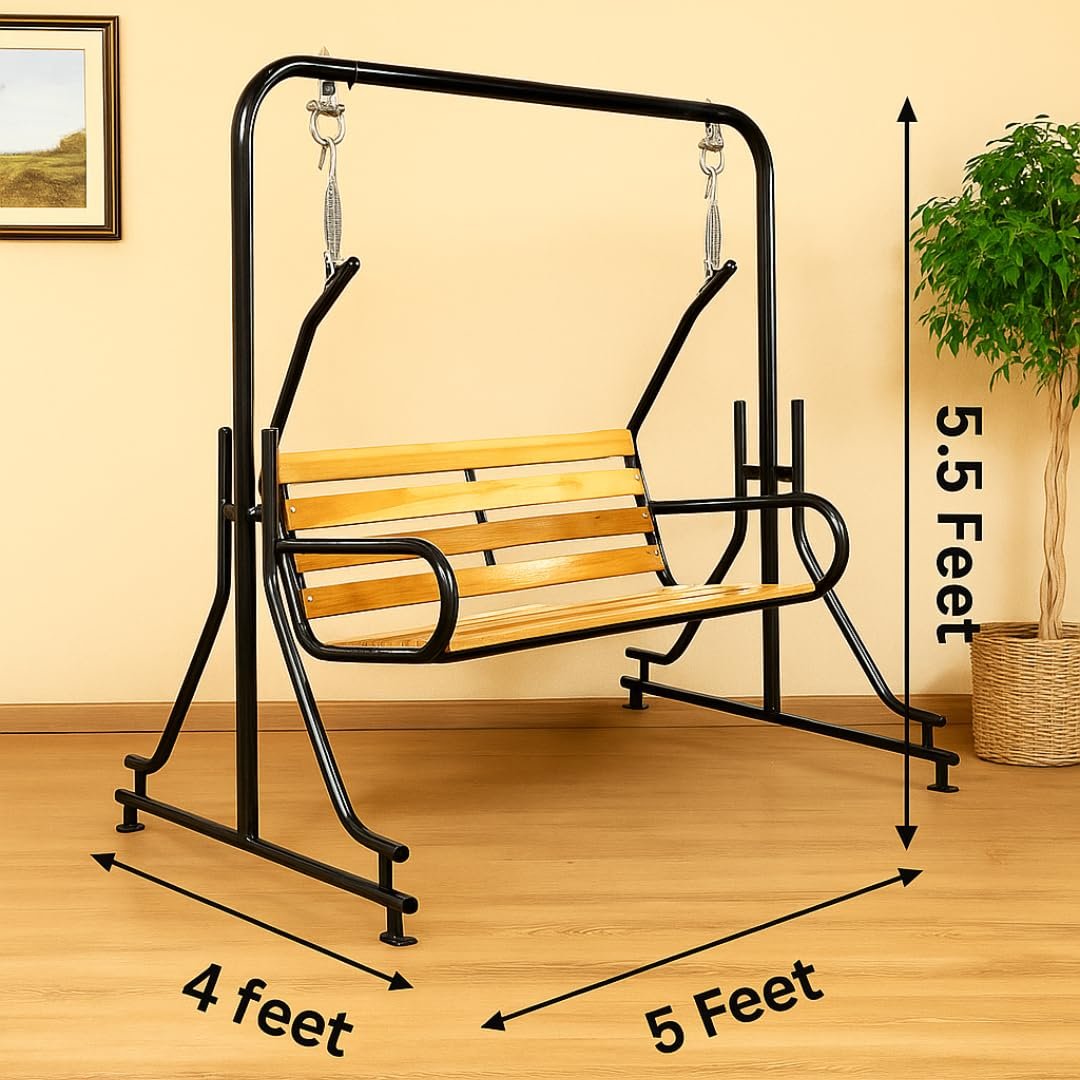 2-Seater Indoor &amp; Outdoor Swing - Natural Wooden Polished (50kg) | Upper Pipe Swing Jhula for Home and Blacony with Sturdy Stand | Strong 300 Kg Capacity Heavy Metal Swing - View 2