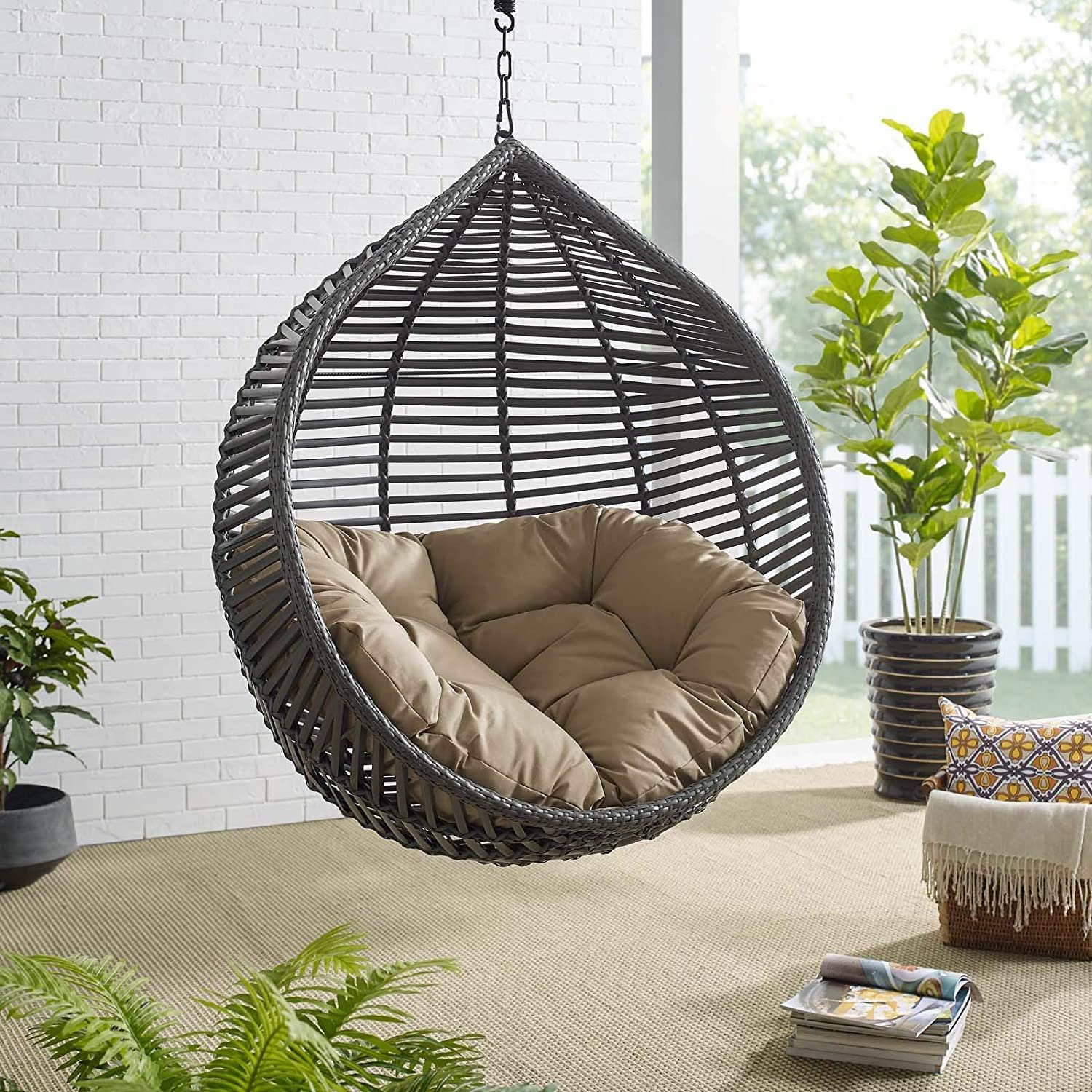 Wicker Rattan Wrought Iron Single Seater Swing Chair Stand For Adults|Garden &amp; Outdoor Hammock Swing Cushions For Kids|Teardrop Swing Hanging Chair W/ Curve Stand|Jhula-114.3 Cm,25.5 Cm,50&quot; - View 4