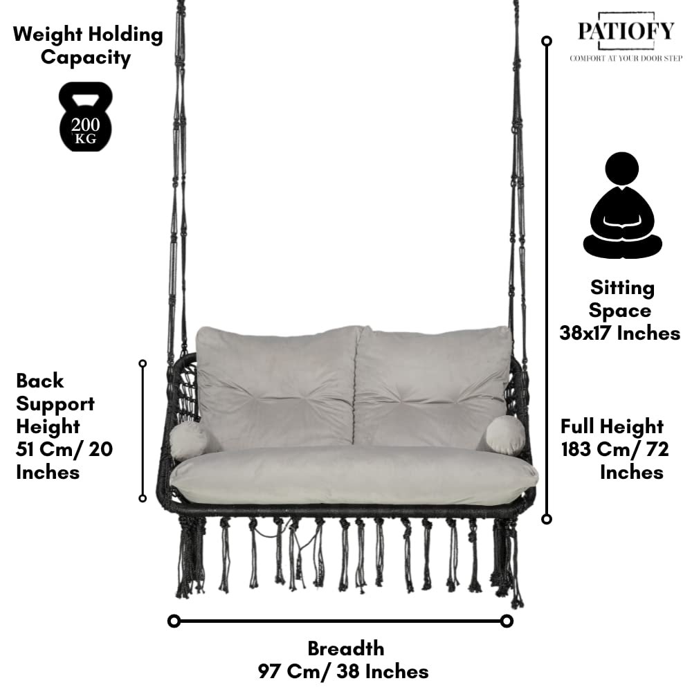 Double Seater Swing - 2 Seater Swing for Balcony with Large Grey Full Body Sitting Cushion (Black)-Polyester, 20 Cm - View 4
