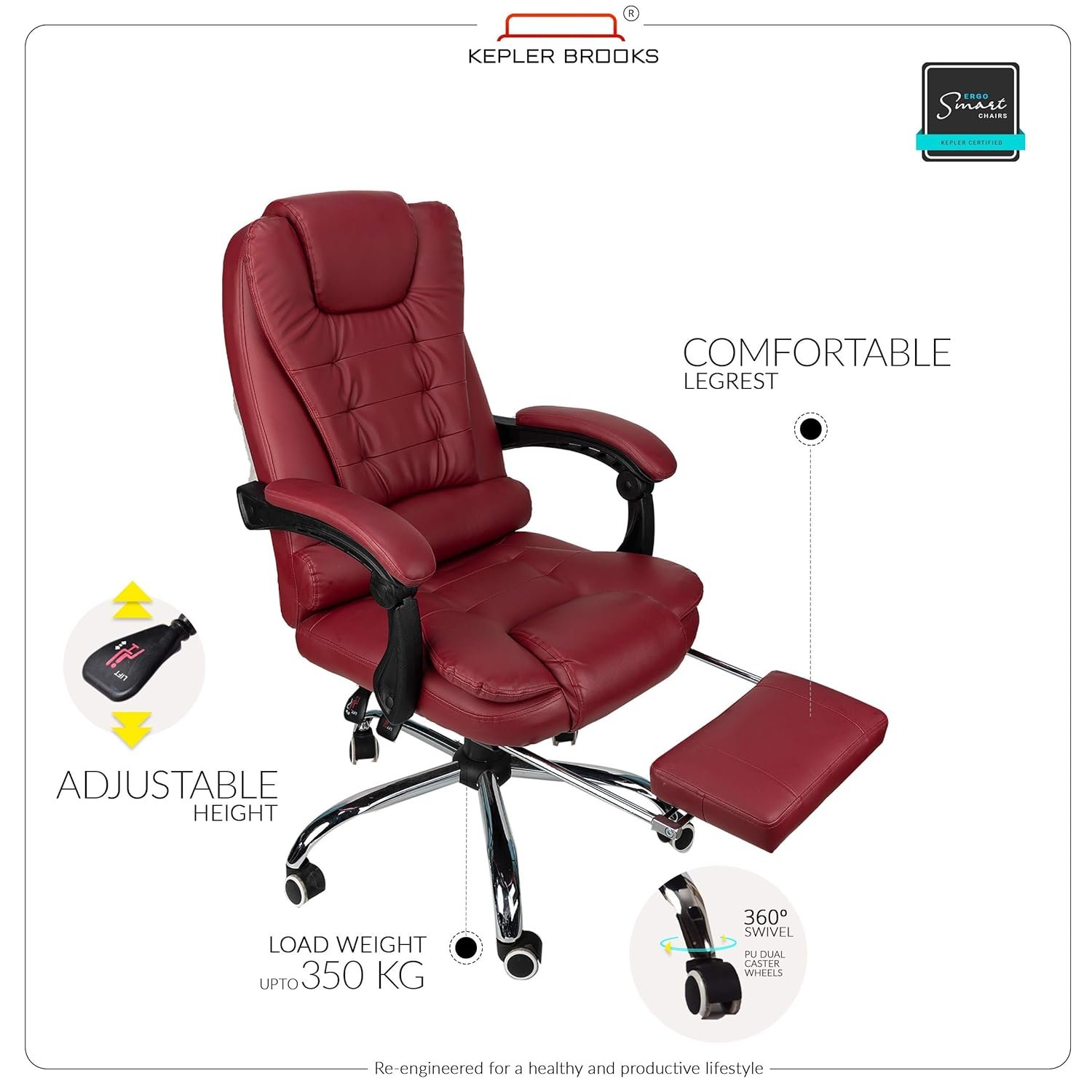 Premium Leatherette Office Chair for Work | 3-Years Warranty | Boss Chair for Office, Ergonomic Executive Chair, Cushioned Arms &amp; Seat, Leg Rest, Heavy Duty Metal Base (Burgundy) - View 3