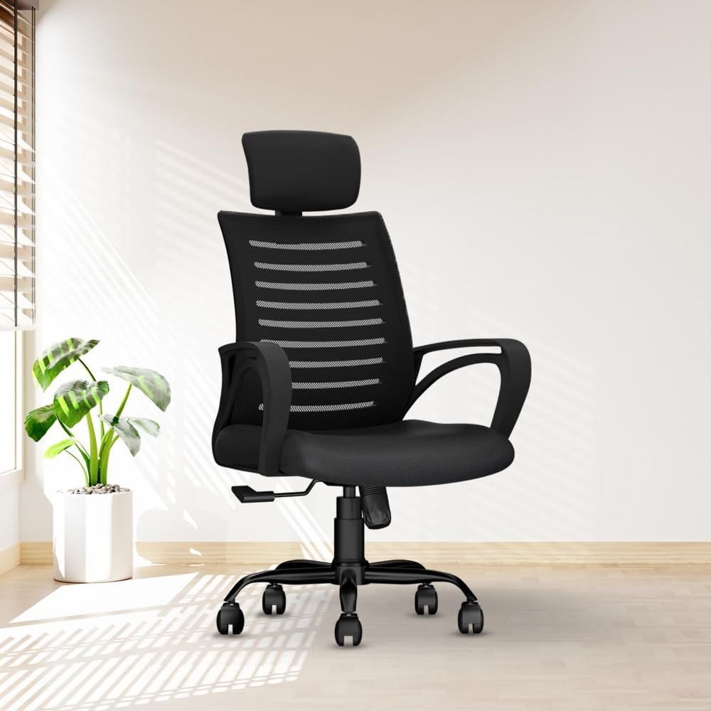 Office Chair - Adjustable Seat Height, Sturdy Metal Base, Revolving Study & Computer Chair for Work from Home, Black