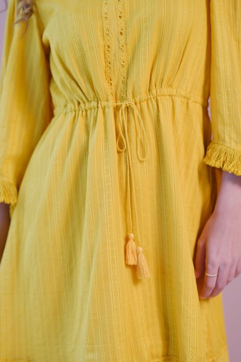 Oshin 100% Cotton Tie-Up Waist Bell Sleeve Dress - View 5