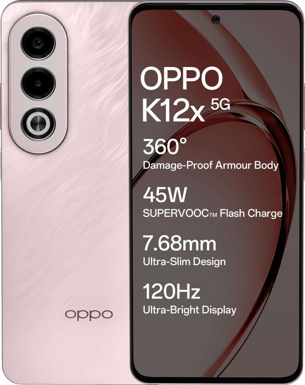 Oppo K12x 5G Smartphone (8GB RAM + 256GB Storage) | 16.94cm LCD Display, 5100mAh Battery | 45W SUPERVOOC Flash Charge | 360° Damage-Proof Armour Body | Charger in The Box (Feather Pink)